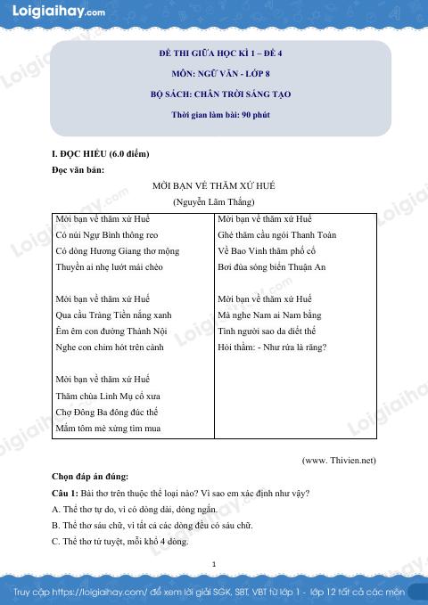 Đề thi giữa kì 1 Văn 8 Chân trời sáng tạo - Đề số 4